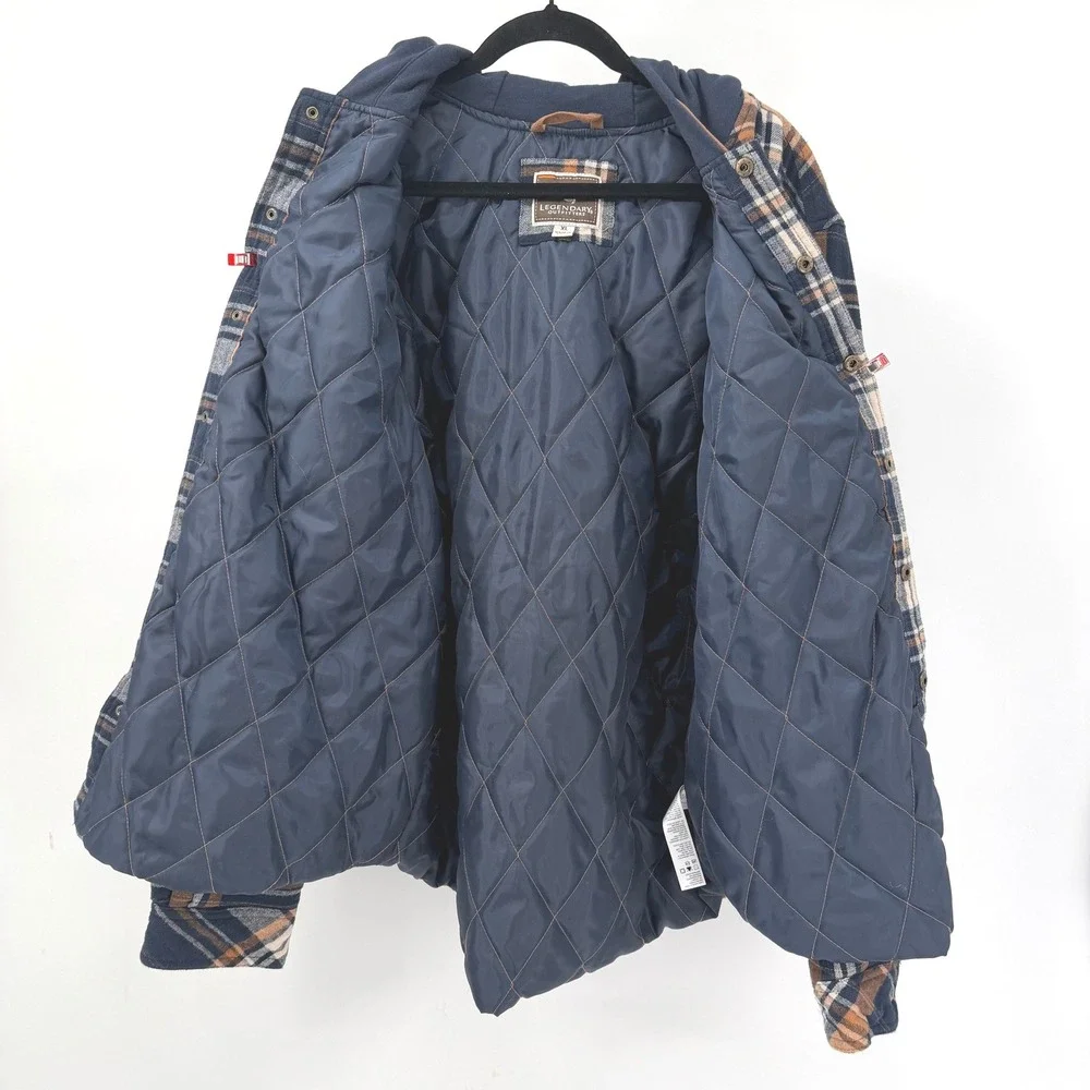 Legendary Outfitters XL Hoodie Jacket Flannel Blue Orange Plaid Quilted Lined